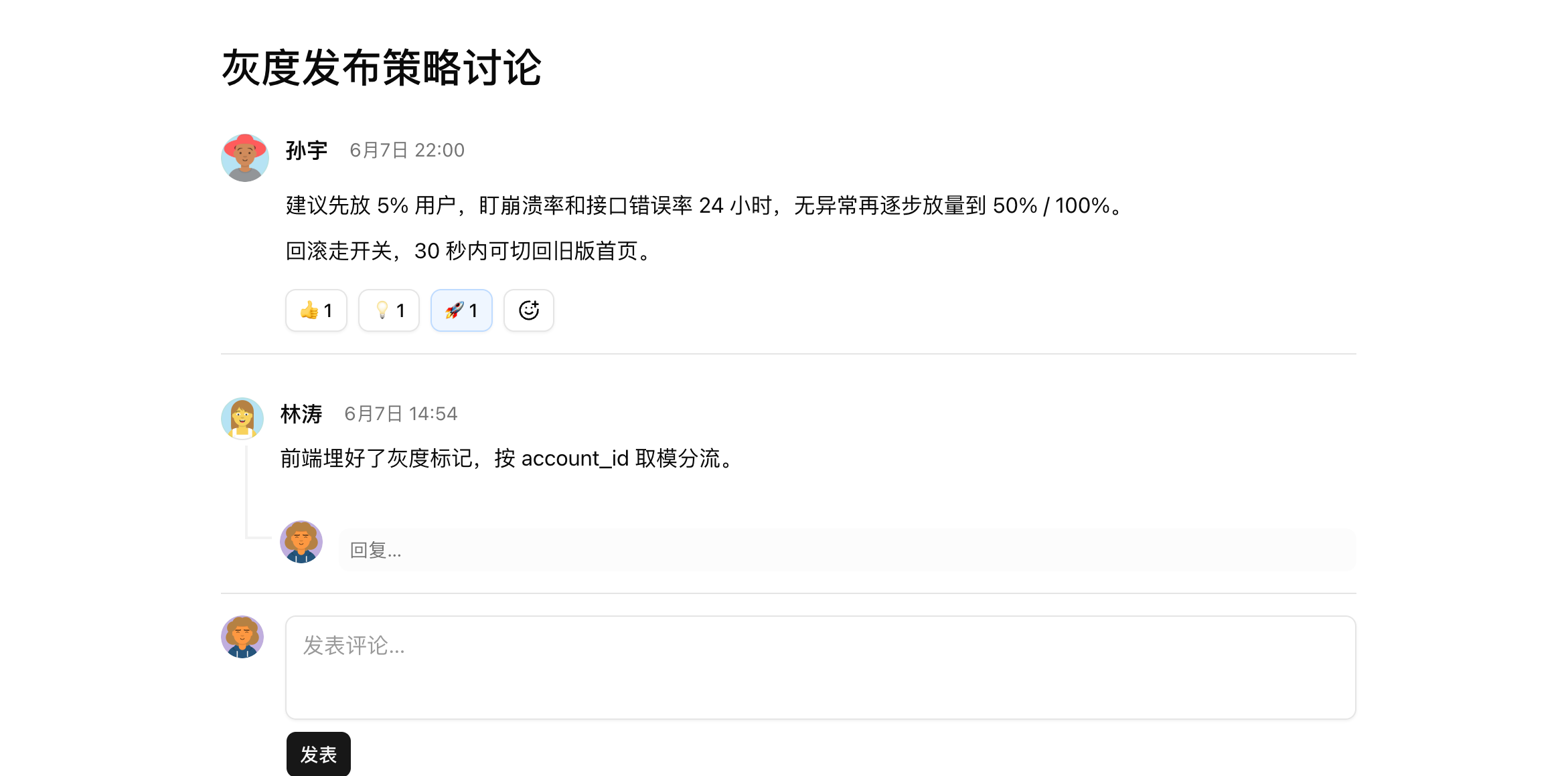 群历的讨论：正文下有表情回应，成员的评论可以继续回复